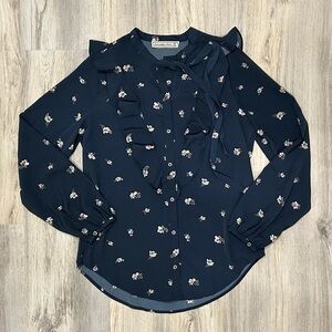 Abercrombie & Fitch Navy Floral Ruffle Button Up Top Long Sleeve Shirt Size M